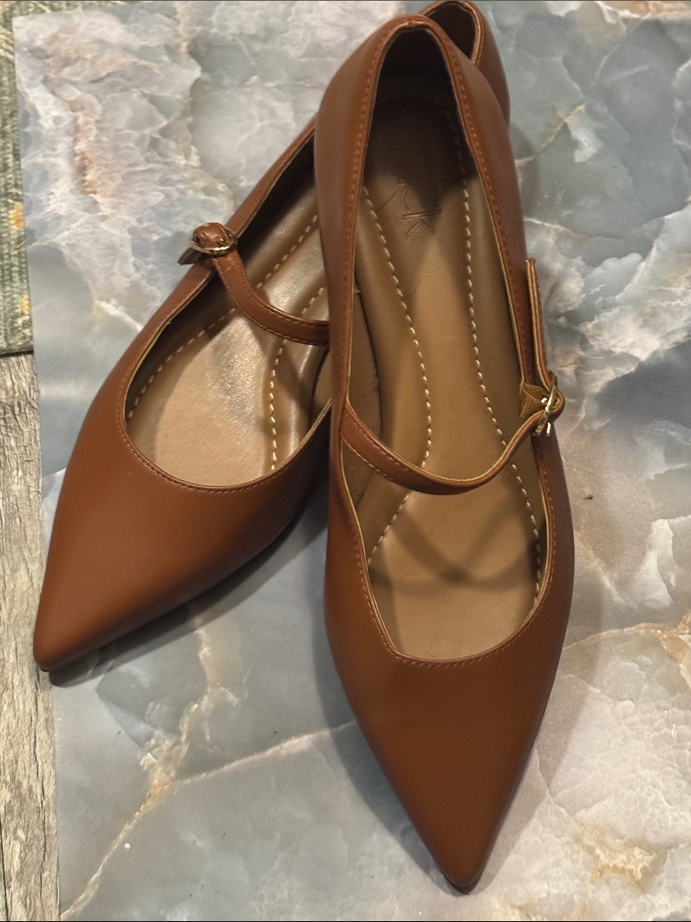 Nordstrom Tan Pointed-Toe Mary Jane Flats with Gold Buckle